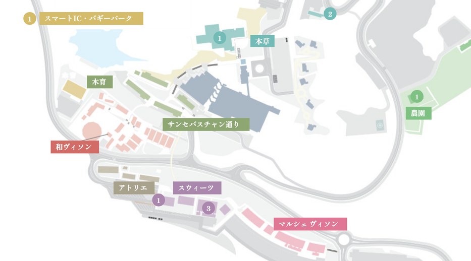 燦燦市 お得な店舗マップ(全体図と、サンセバスチャン通り・和ヴィソン・マルシェ ヴィソンの拡大図。丸の番号は下のカードの番号)